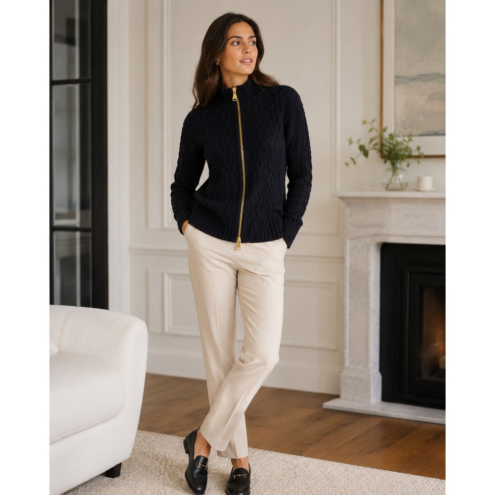 Les Copains Sweater Womens 40 Black Zip Cashmere Cable Knit Luxury‎ Quiet Luxury